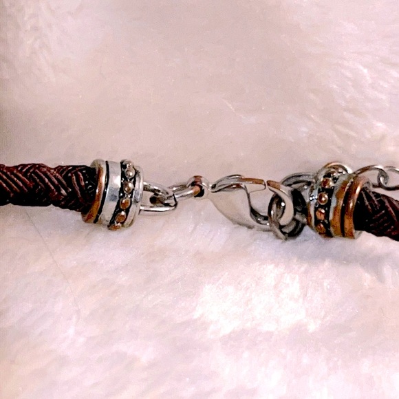 CHAPS 🩵💚🤎 17” ROUND SILVER-TONE STONE MOSAIC PENDANT ON BROWN BRAIDED ROPE CORD - Picture 5 of 8